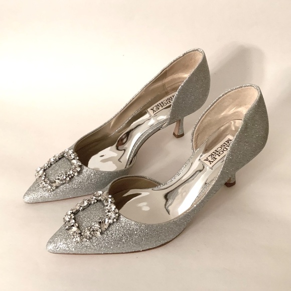 Badgley Mischka Fabia II Kitten Heels Crystal Buckle Pointed Toe Silver Shoes 7 - Picture 13 of 16